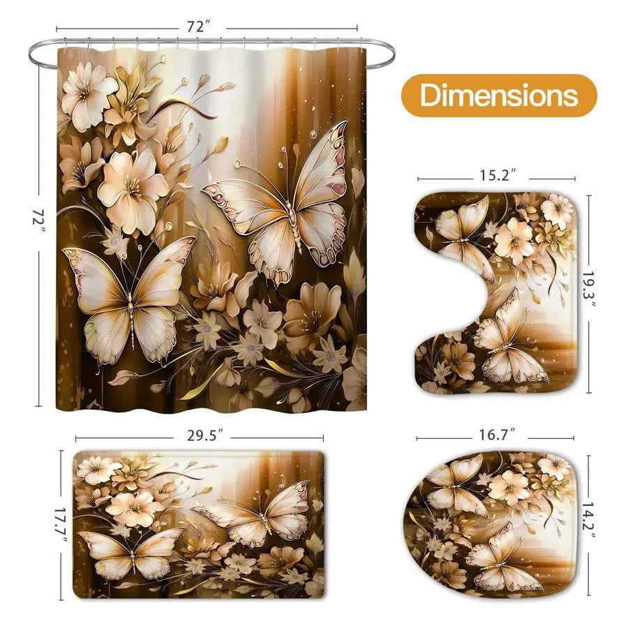 4 Pcs Brown Floral Butterfly Shower Curtain Set with Non Slip Rugs