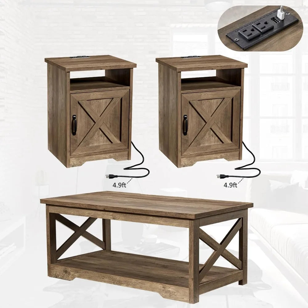 Farmhouse Coffee Table Set with Charging Station, USB Ports