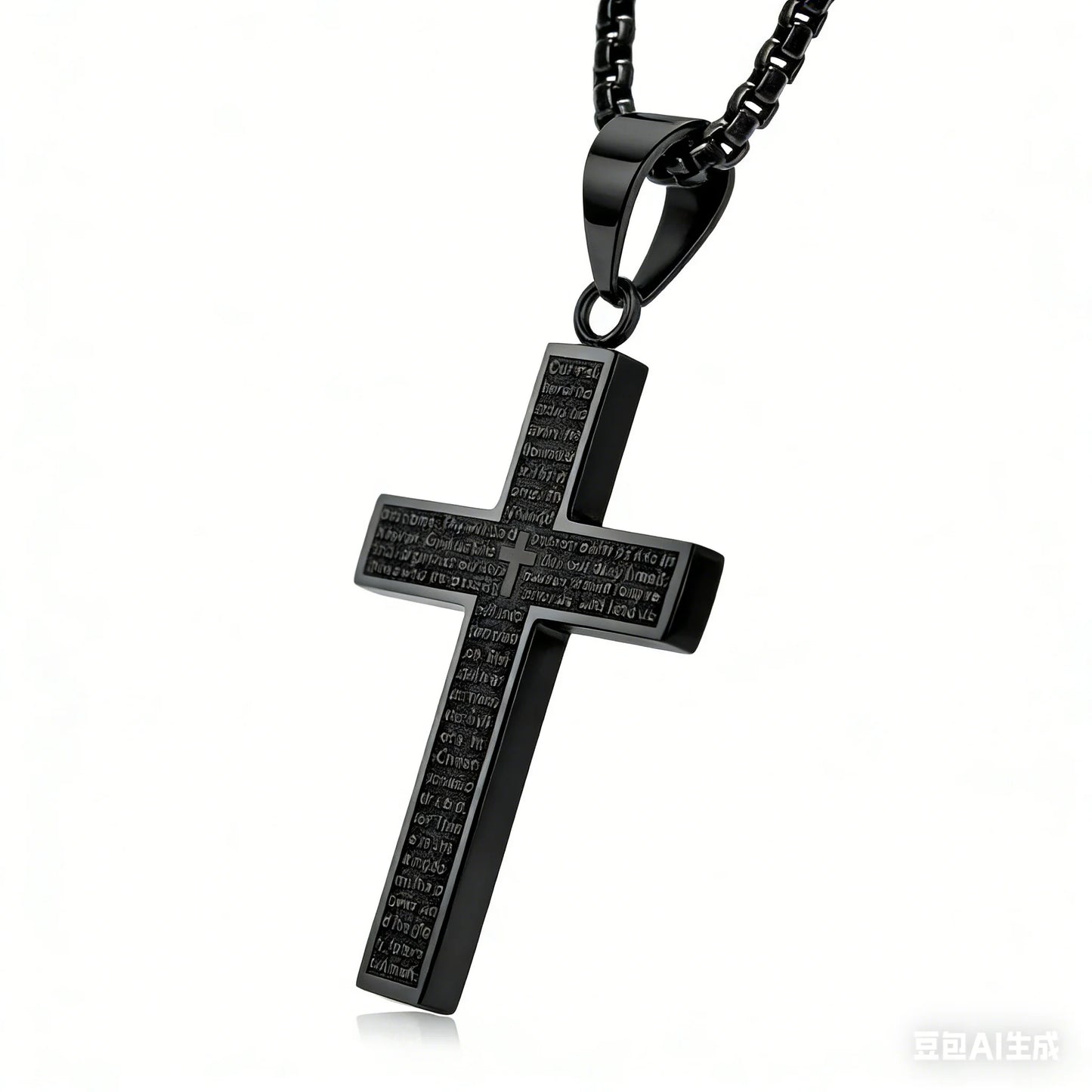 Black Stainless Steel Cross Pendant Engraved Lord's Prayer