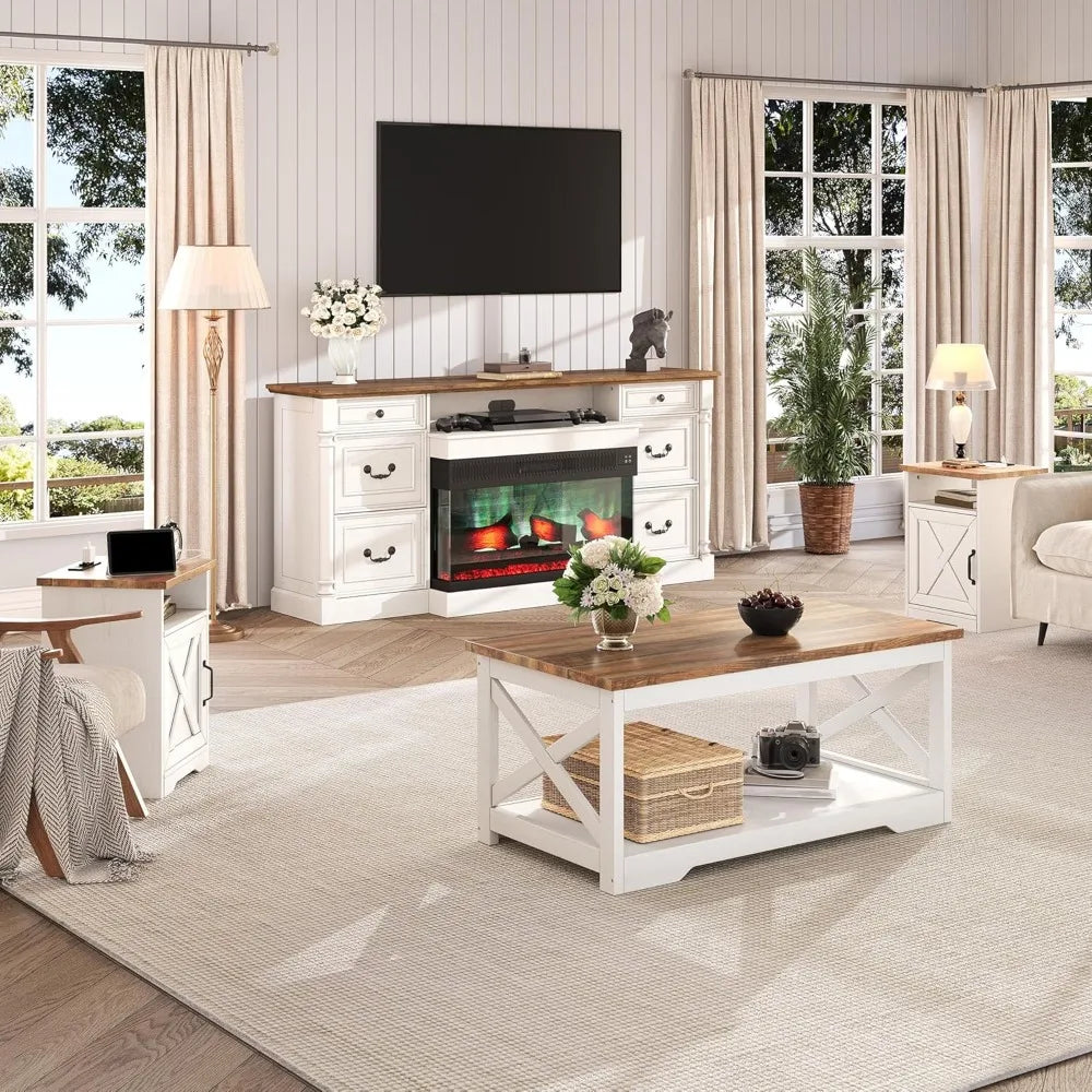Farmhouse Coffee Table Set with Charging Station