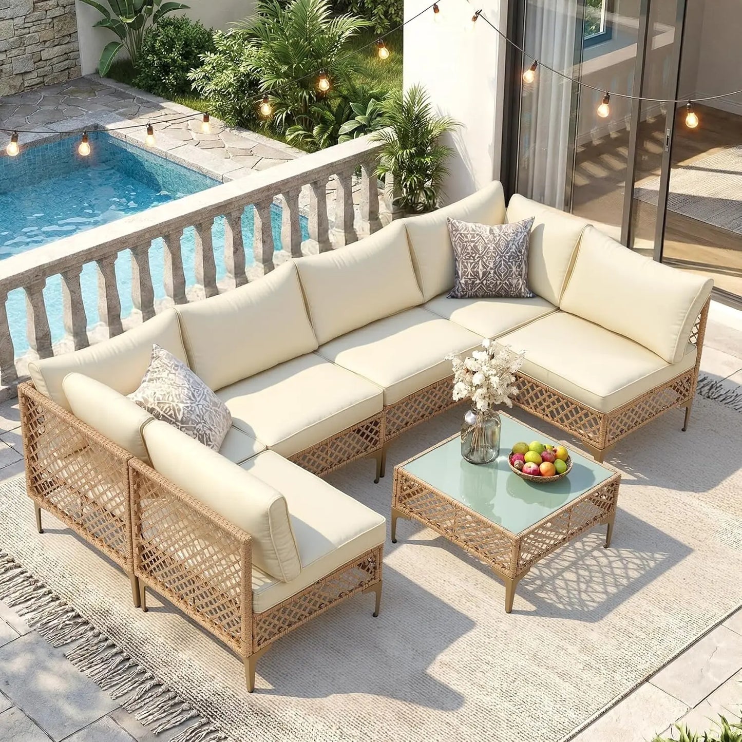 7-Piece Wicker Patio Sectional Sofa with Cushions & Glass Coffee Table
