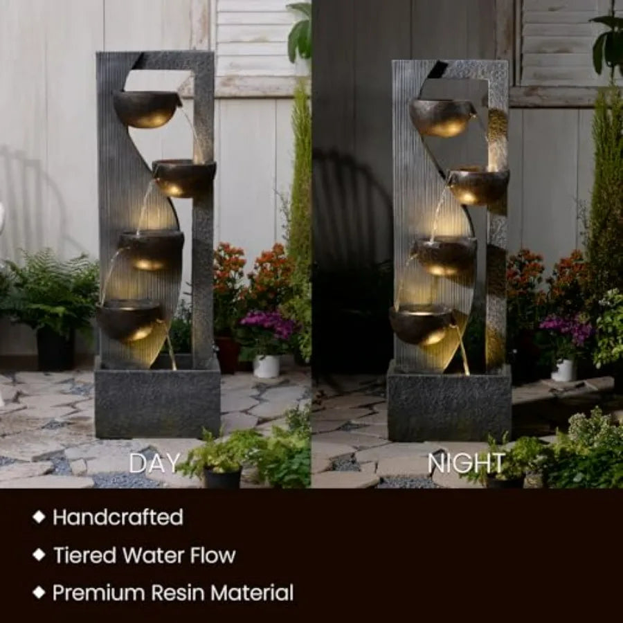 Outdoor 5-Tier Tall Waterfall Fountain 49.2 Inch with LED Lights and Pump