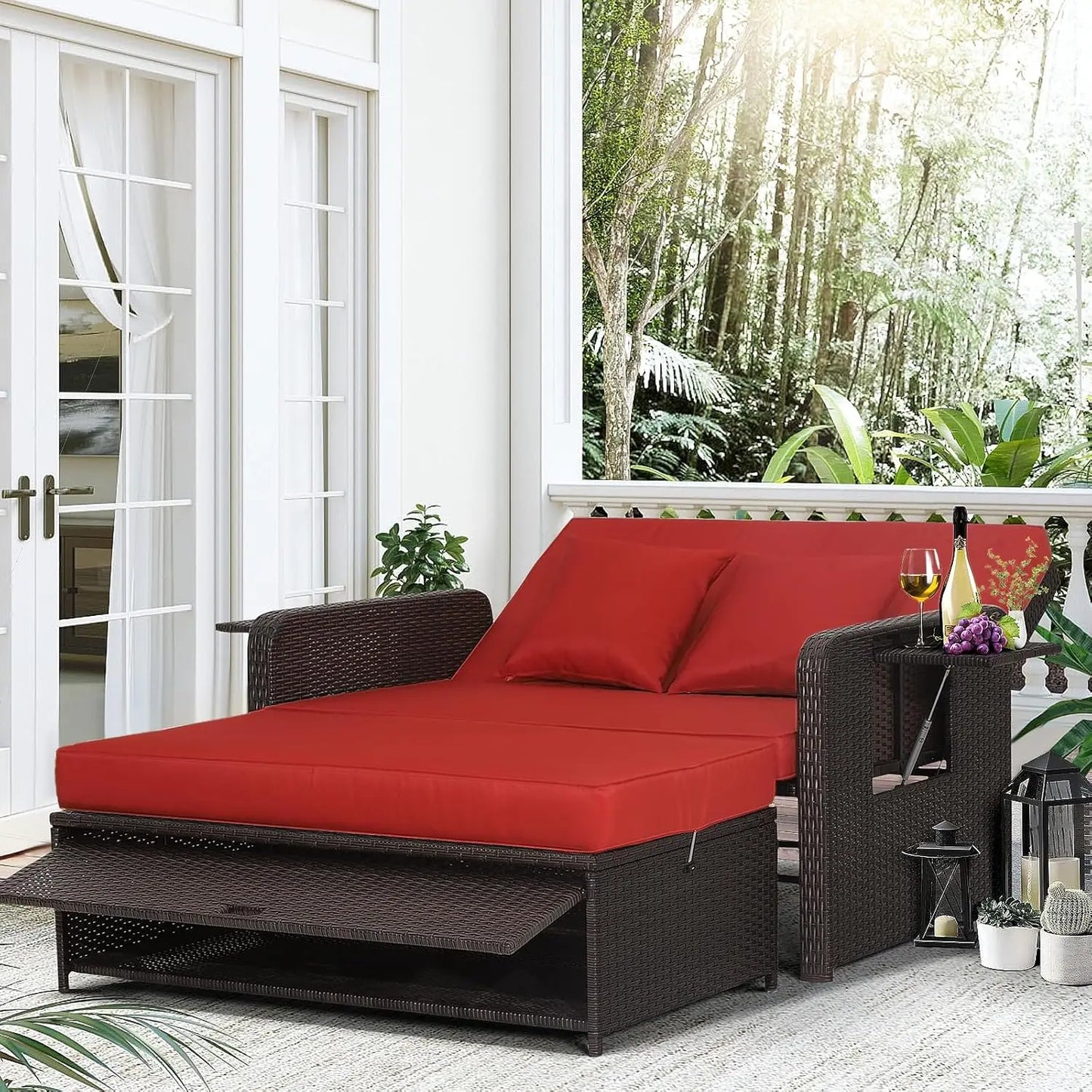 Wicker Loveseat Sofa Set with 4-Postion Adjustable Backrest, Storage Ottoman