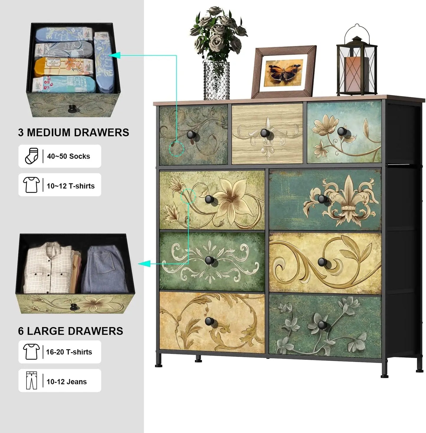 Floral Dresser with Wooden Top