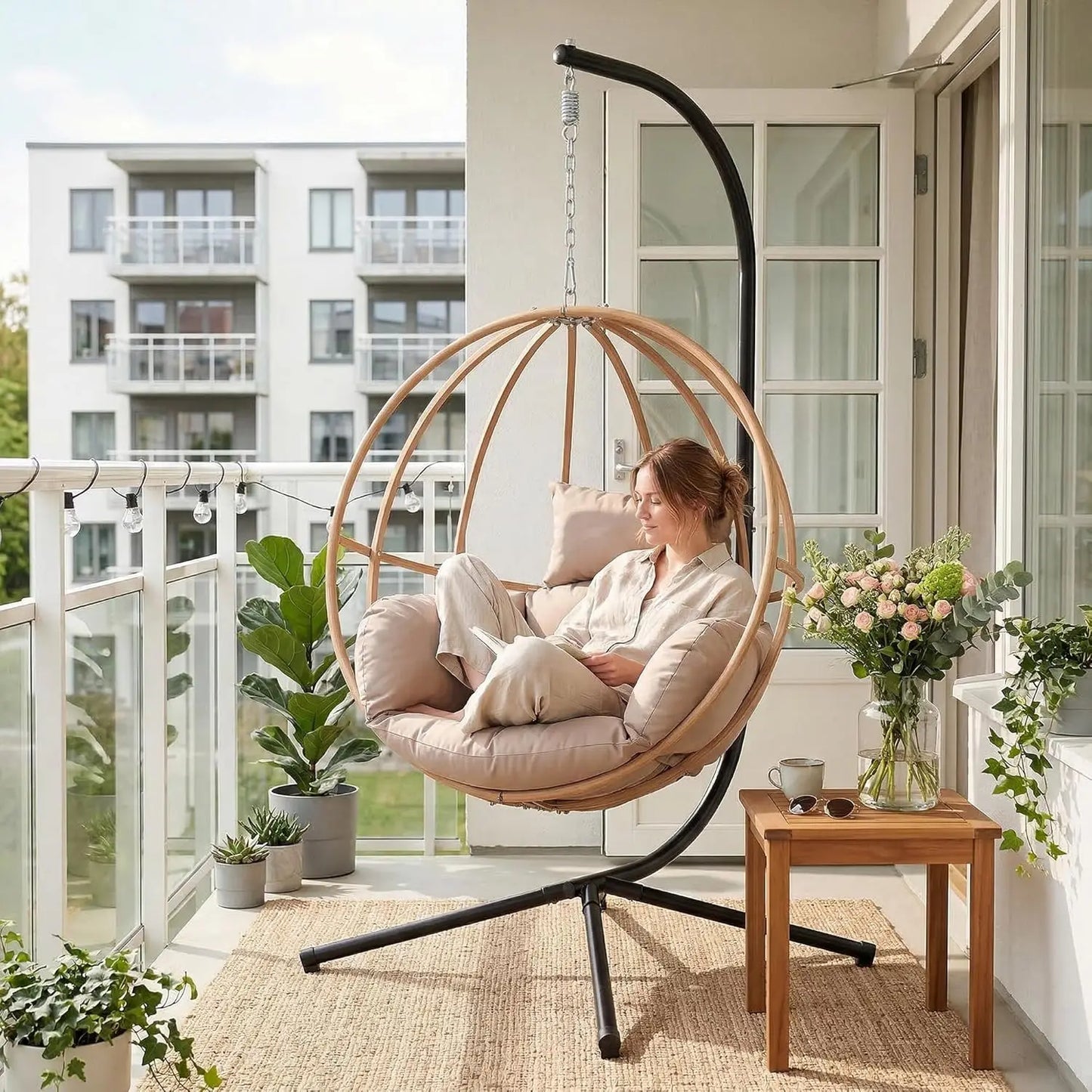 Egg Hanging Swing Chair with Stand and Cushions