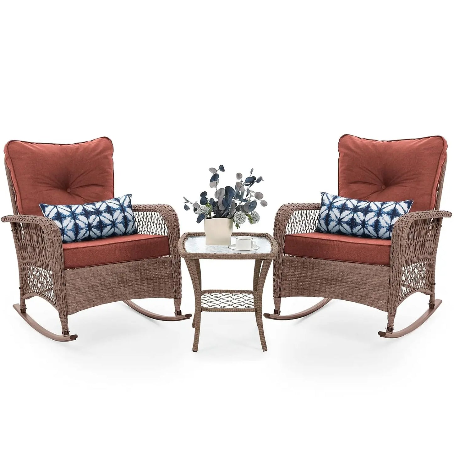 3 Piece Wicker Rocking Bistro Set Cushioned Side Table Backyard Porch Balcony Poolside 4in Thick, Customized