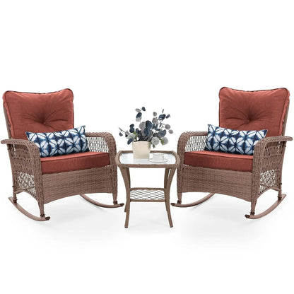 3 Piece Wicker Rocking Bistro Set Cushioned Side Table Backyard Porch Balcony Poolside 4in Thick, Customized