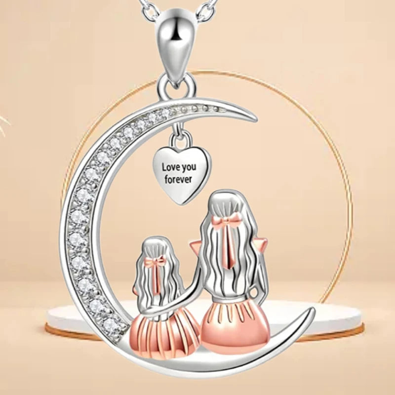 Mom Daughter Moon Pendant Necklace or Keychain