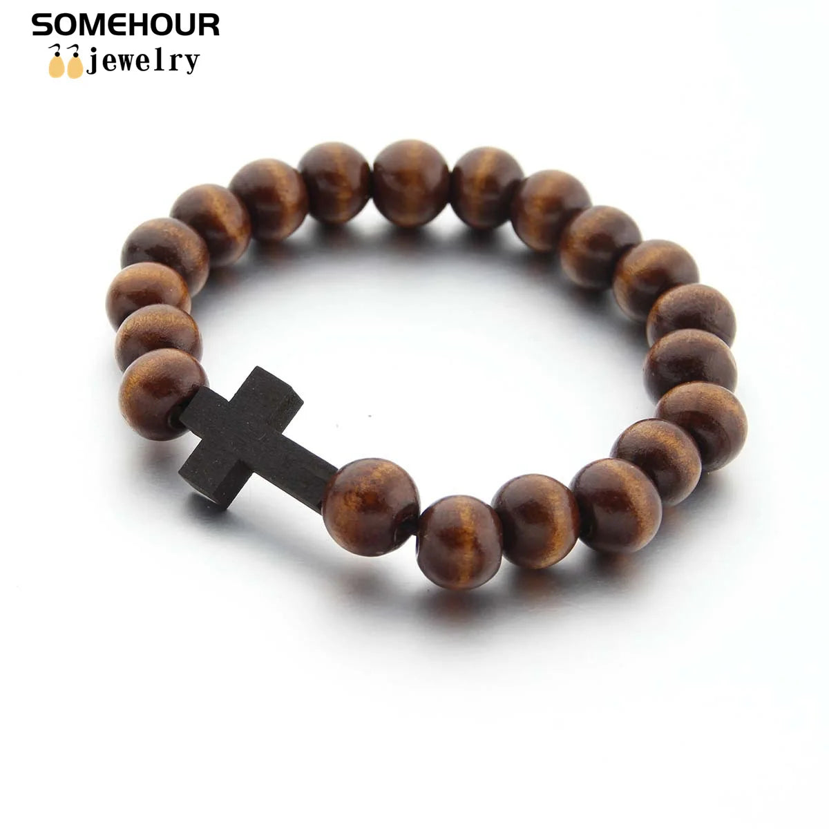 Vintage Cross Pendant and/or Bracelet 45cm Round Wood Beads