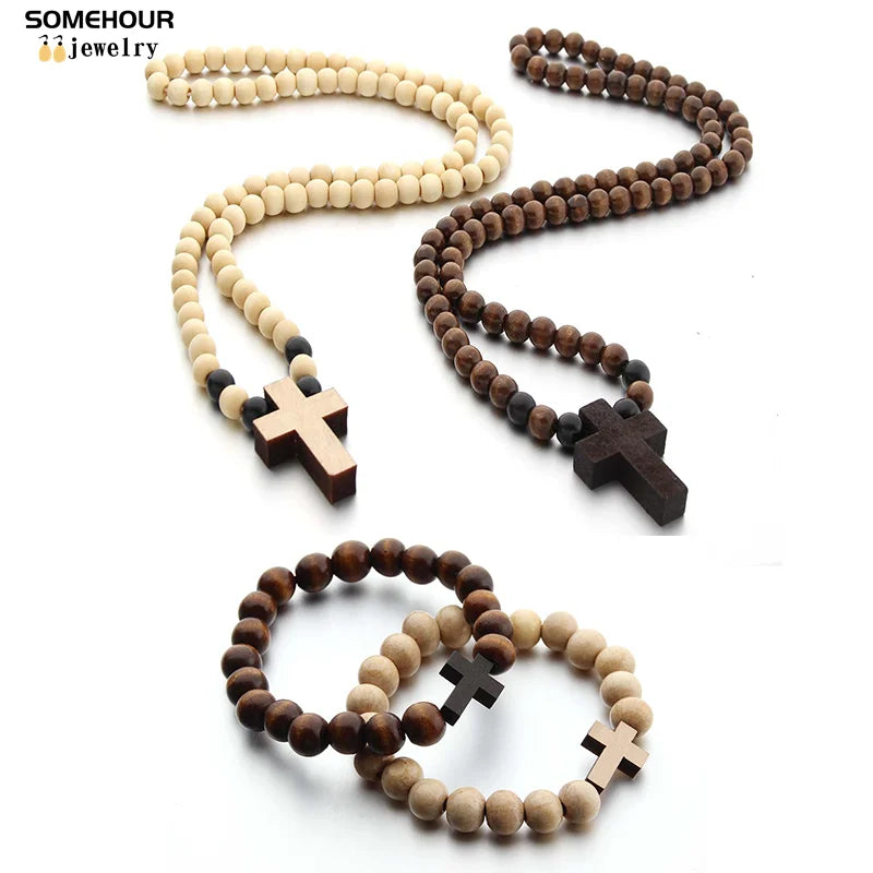 Vintage Cross Pendant and/or Bracelet 45cm Round Wood Beads