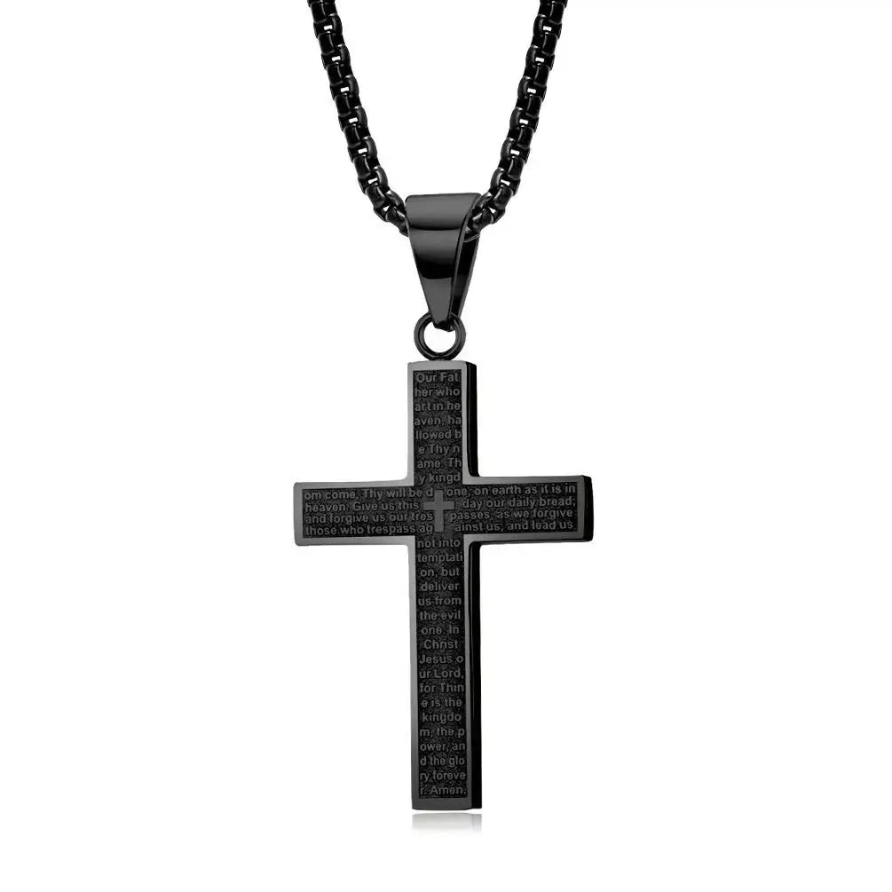 Black Stainless Steel Cross Pendant Engraved Lord's Prayer