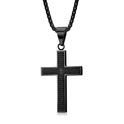 Black Stainless Steel Cross Pendant Engraved Lord's Prayer