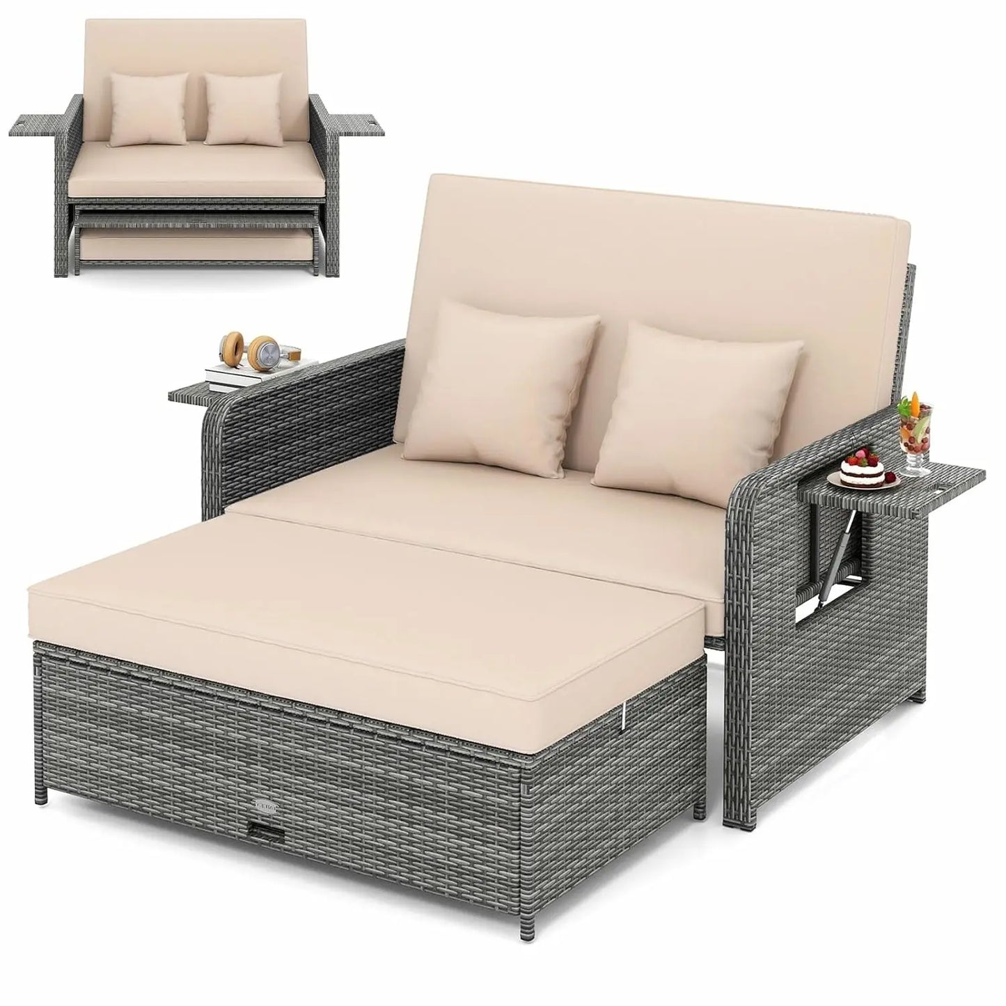 Wicker Loveseat Sofa Set with 4-Postion Adjustable Backrest, Storage Ottoman
