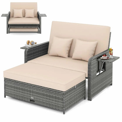 Wicker Loveseat Sofa Set with 4-Postion Adjustable Backrest, Storage Ottoman