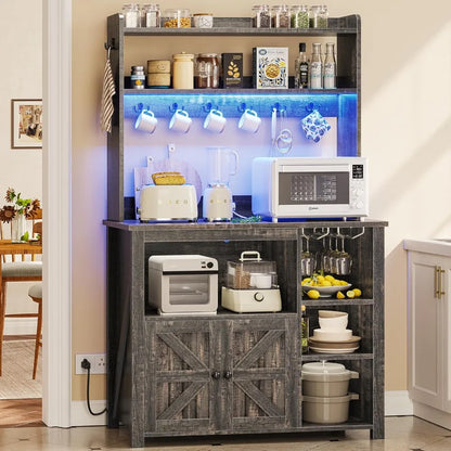 Kitchen Cabinet with Hutch, Power, LED Lights