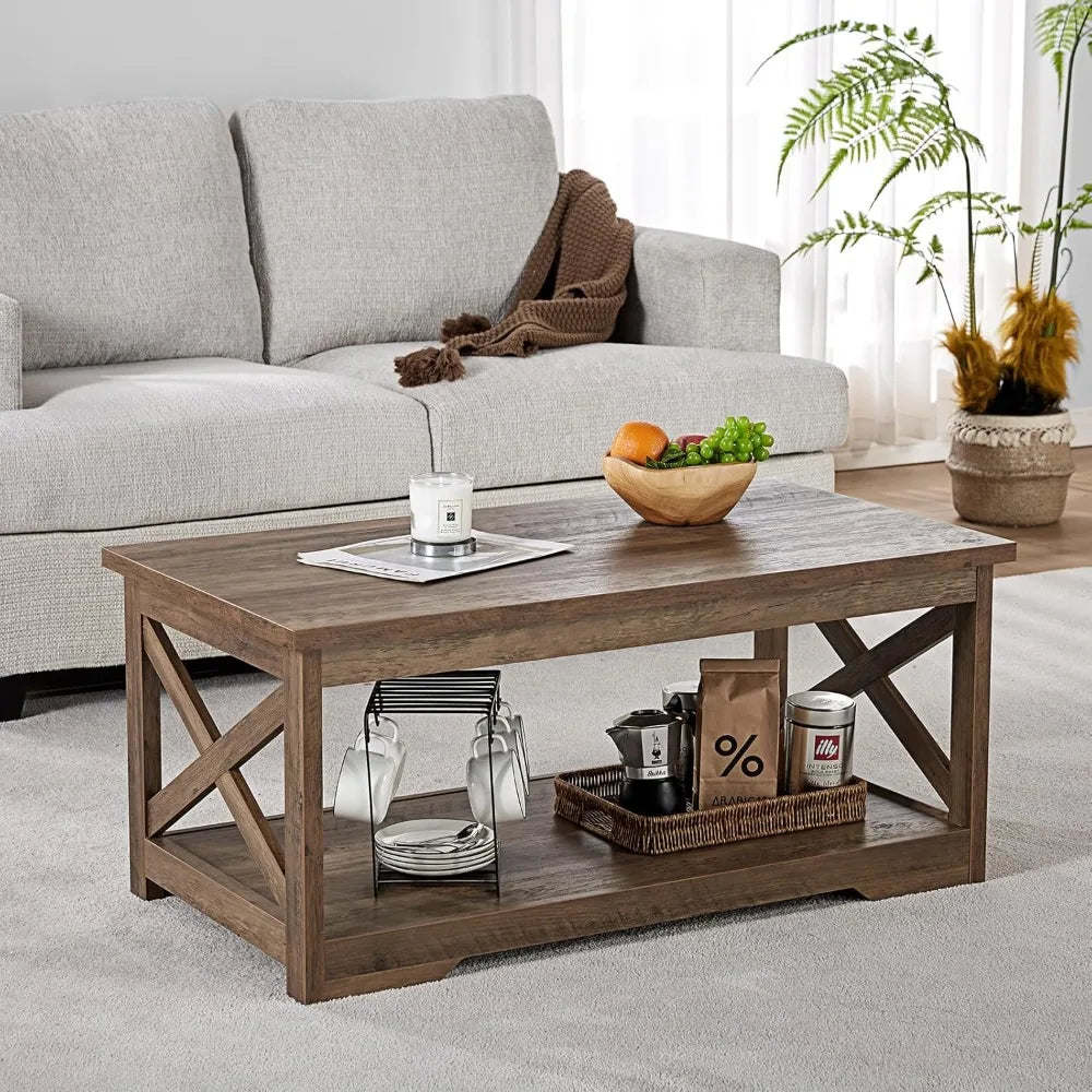 Farmhouse Coffee Table Set with Charging Station, USB Ports