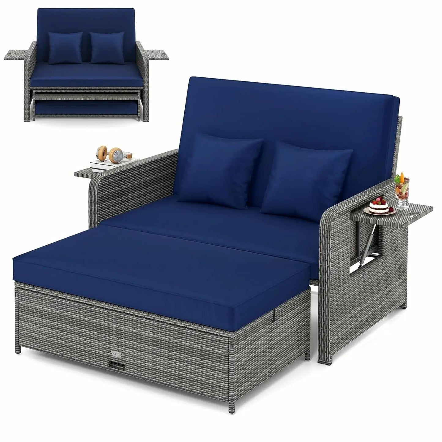 Wicker Loveseat Sofa Set with 4-Postion Adjustable Backrest, Storage Ottoman
