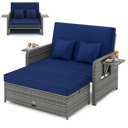 Wicker Loveseat Sofa Set with 4-Postion Adjustable Backrest, Storage Ottoman