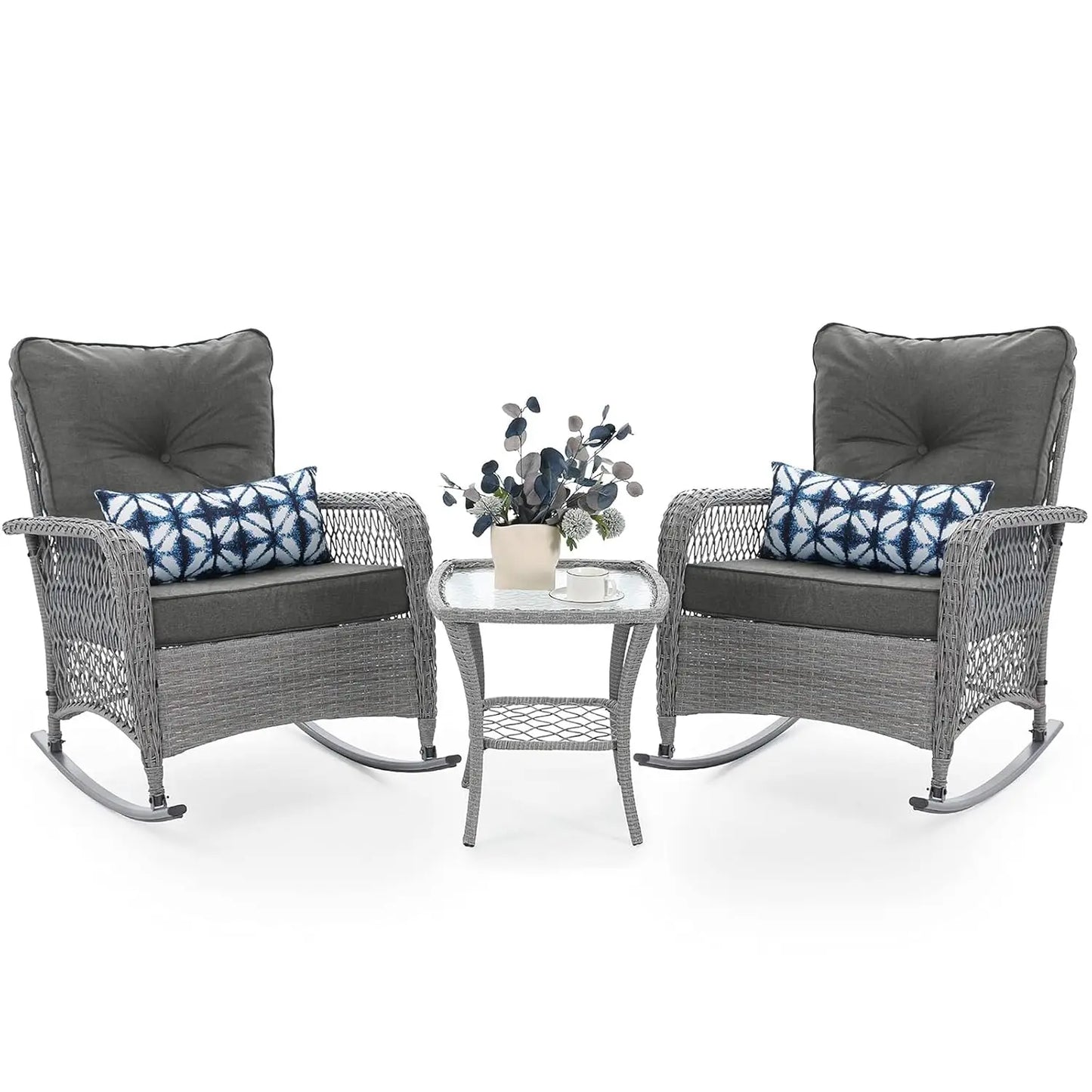 3 Piece Wicker Rocking Bistro Set Cushioned Side Table Backyard Porch Balcony Poolside 4in Thick, Customized