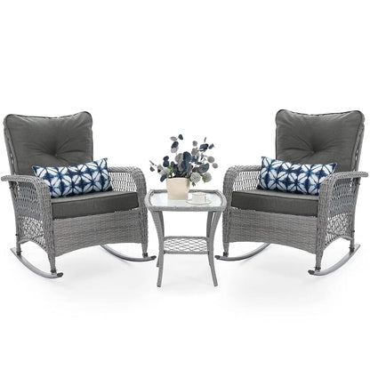 3 Piece Wicker Rocking Bistro Set Cushioned Side Table Backyard Porch Balcony Poolside 4in Thick, Customized