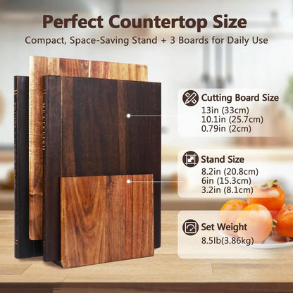 Book Cutting Board Set Of 3 with Stand, Solid Acacia