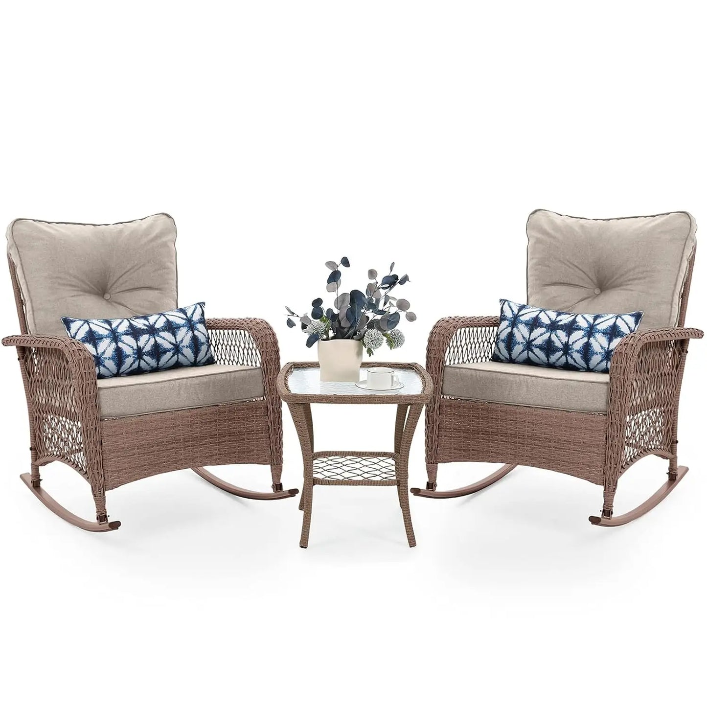 3 Piece Wicker Rocking Bistro Set Cushioned Side Table Backyard Porch Balcony Poolside 4in Thick, Customized