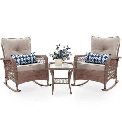 3 Piece Wicker Rocking Bistro Set Cushioned Side Table Backyard Porch Balcony Poolside 4in Thick, Customized