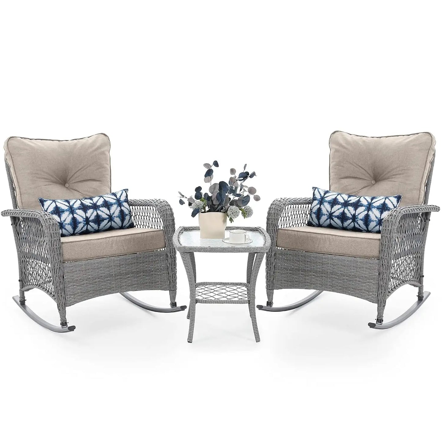 3 Piece Wicker Rocking Bistro Set Cushioned Side Table Backyard Porch Balcony Poolside 4in Thick, Customized