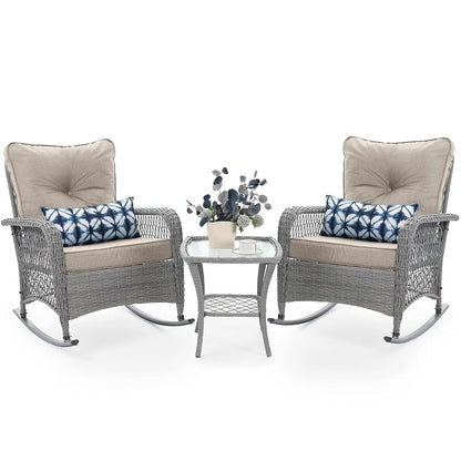 3 Piece Wicker Rocking Bistro Set Cushioned Side Table Backyard Porch Balcony Poolside 4in Thick, Customized