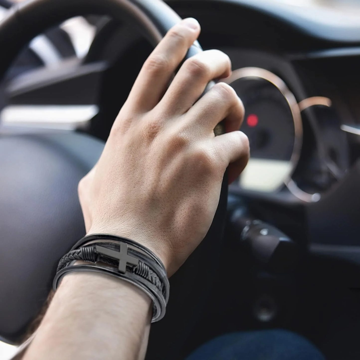 Cross Leather Bracelet for Men Women 316L Stainless Steel