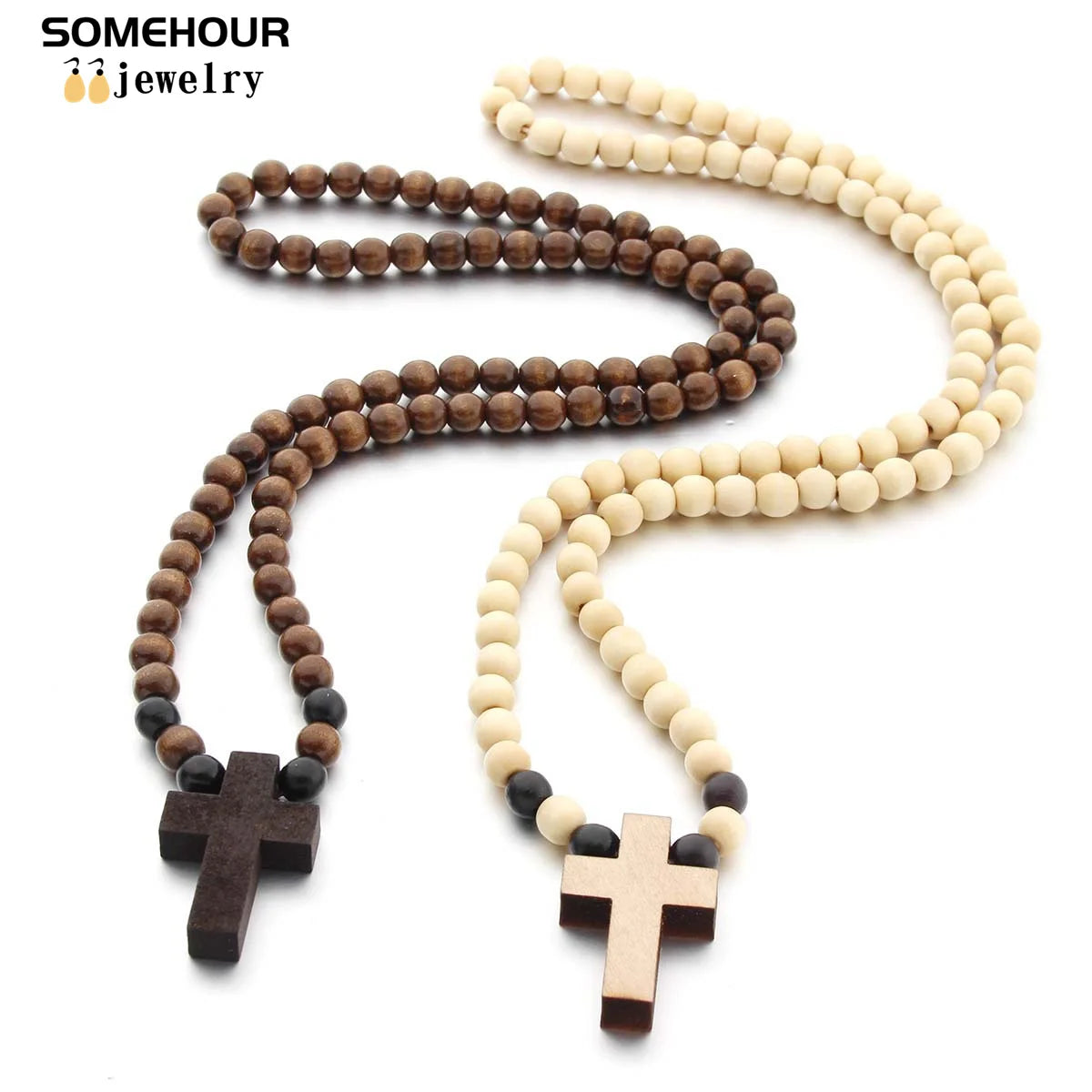 Vintage Cross Pendant and/or Bracelet 45cm Round Wood Beads