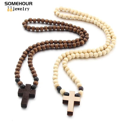 Vintage Cross Pendant and/or Bracelet 45cm Round Wood Beads