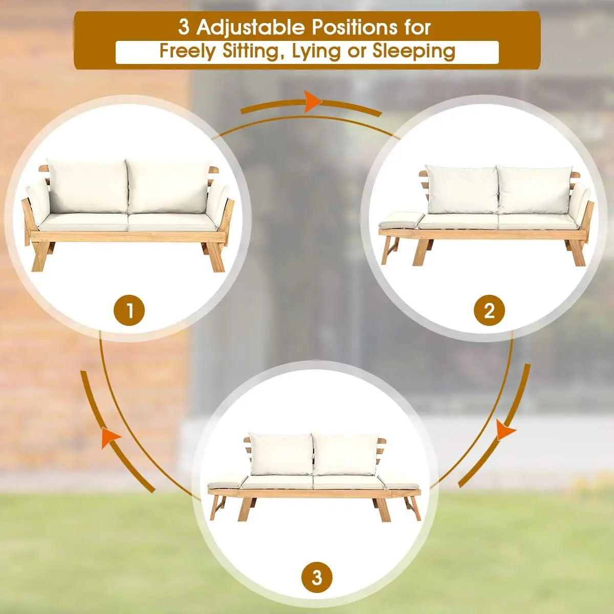 Convertible Acacia Wood Patio Couch Sofa Bed