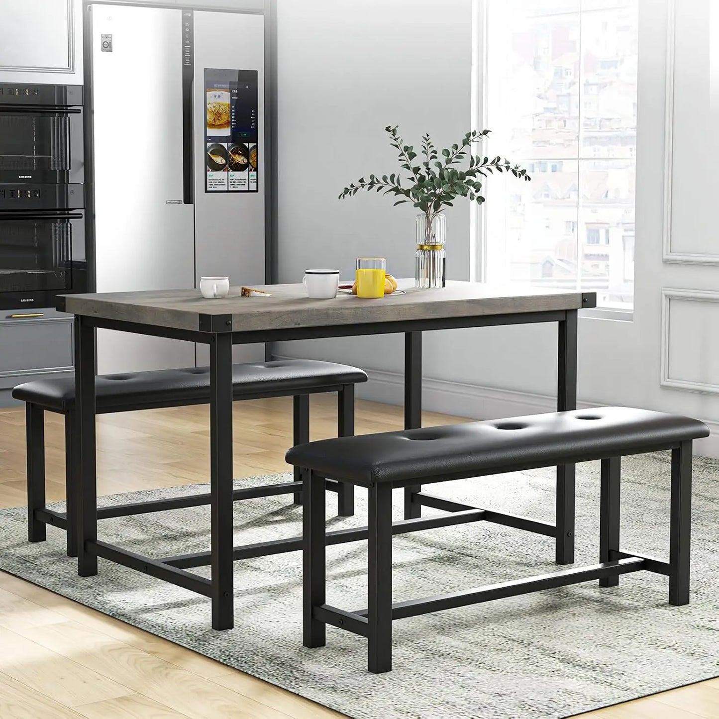 Space Saving Cozy Dining Table Set, Upholstered Benches