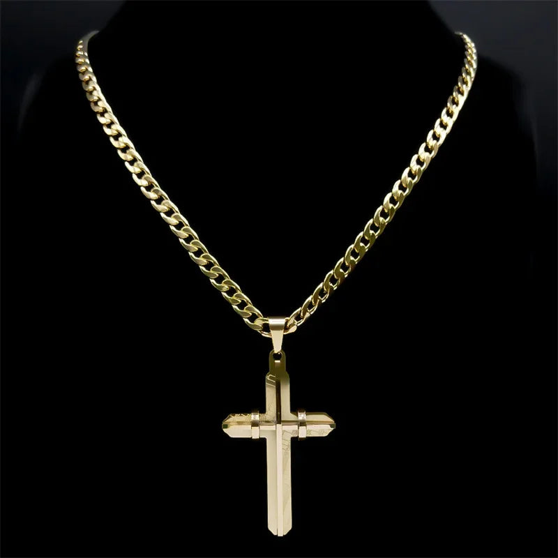 Cross Necklace - Stainless Steel Gold Plated Christian Long Necklaces