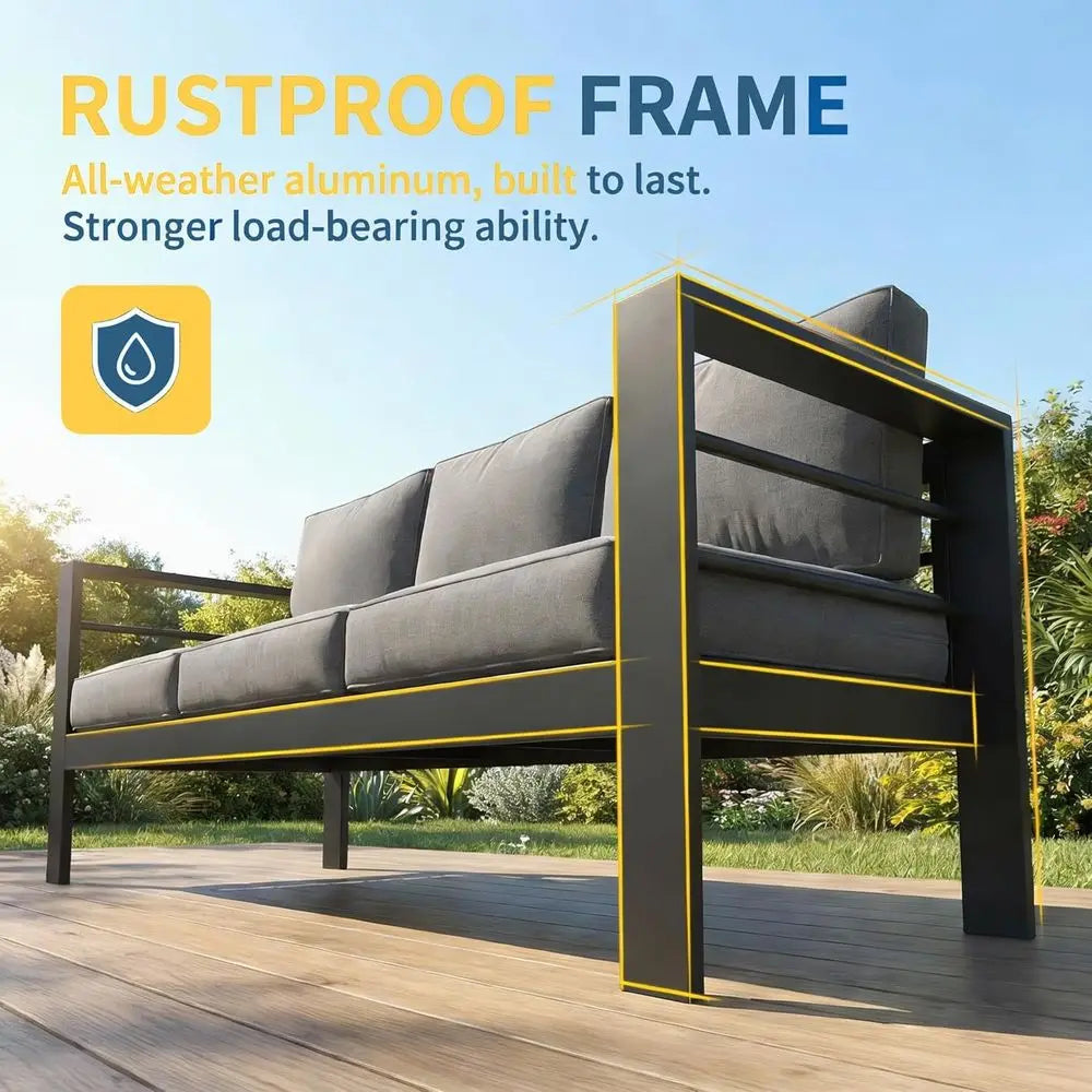 Gray Oversized Metal Patio Furniture Set with 27.5 Deep Seating and 3.2 Wide Armrests, All-Weather Outdoor Cushion Set