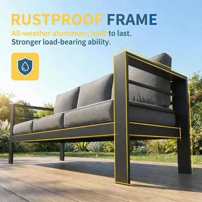 Gray Oversized Metal Patio Furniture Set with 27.5 Deep Seating and 3.2 Wide Armrests, All-Weather Outdoor Cushion Set