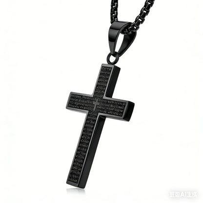 Black Stainless Steel Cross Pendant Engraved Lord's Prayer