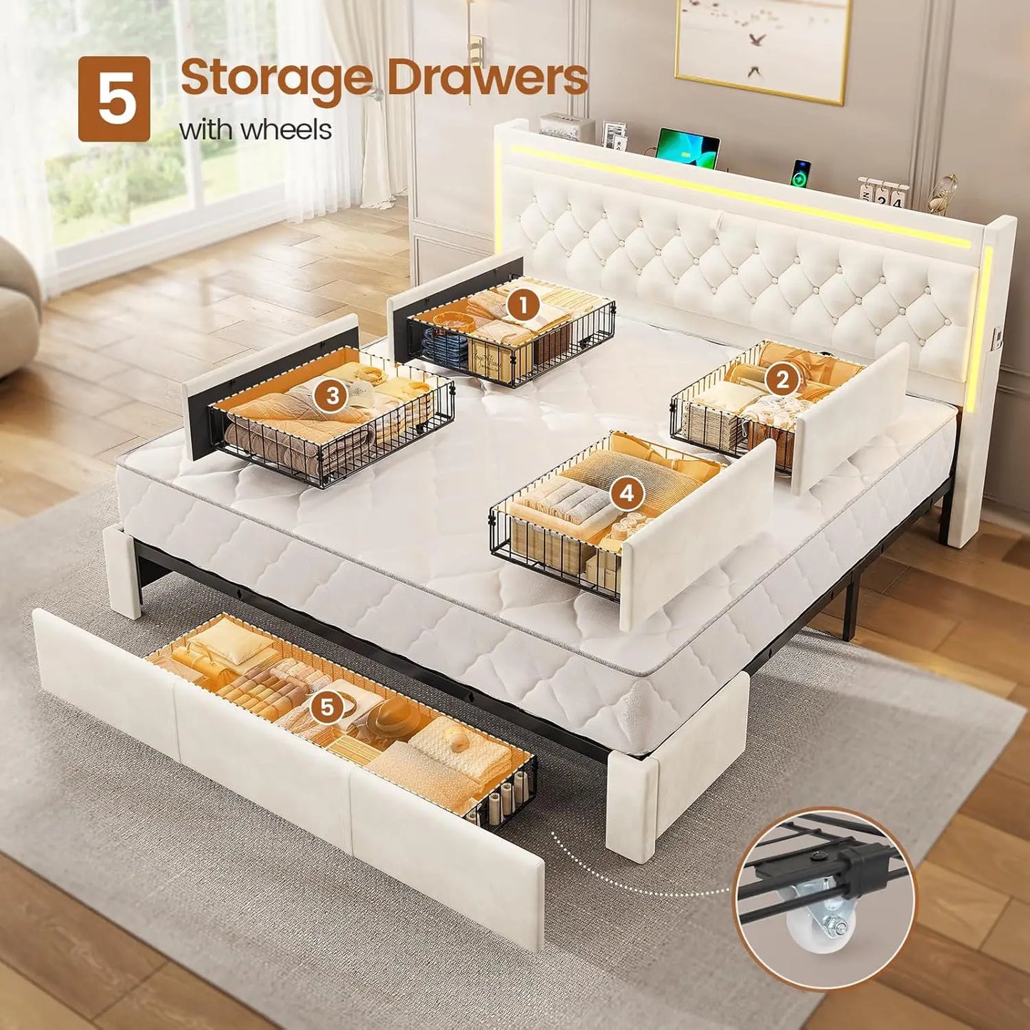King Bed Frame with Drawers, Headboard, Charging Station