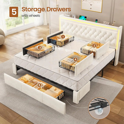 King Bed Frame with Drawers, Headboard, Charging Station