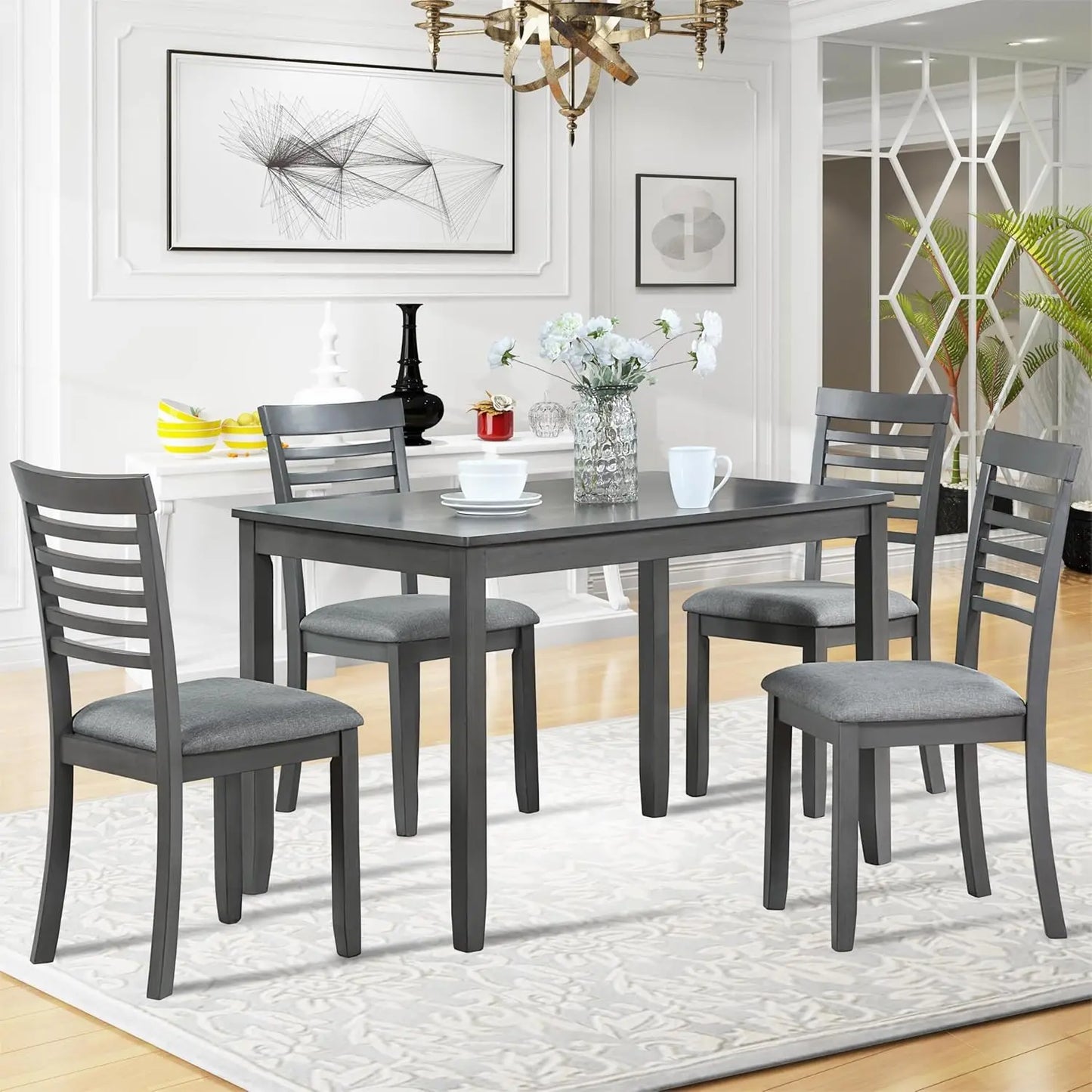 5 Piece Dining Table Set, 4 Upholstered Chairs