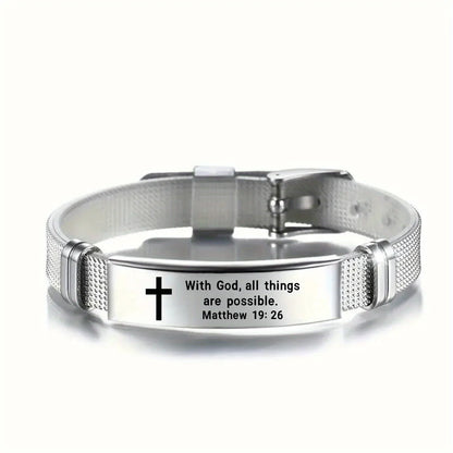 Adjustable Bible Verse Bracelet - Scripture Jewelry with Bible Verses, Christian Religious Gift for Women/Men - Adjustable Slider Clasp - Matthew 19:26 Inspired Design