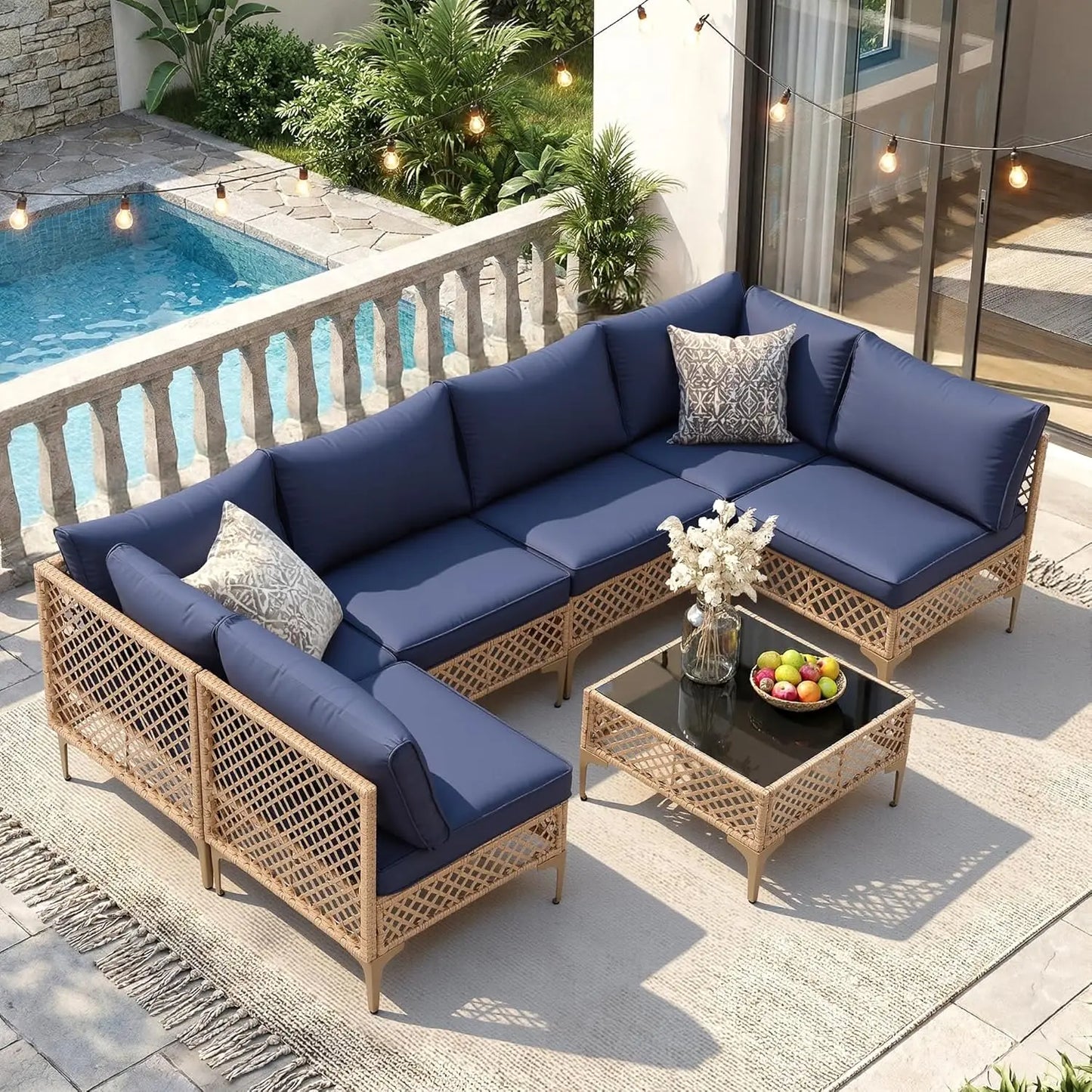 7-Piece Wicker Patio Sectional Sofa with Cushions & Glass Coffee Table