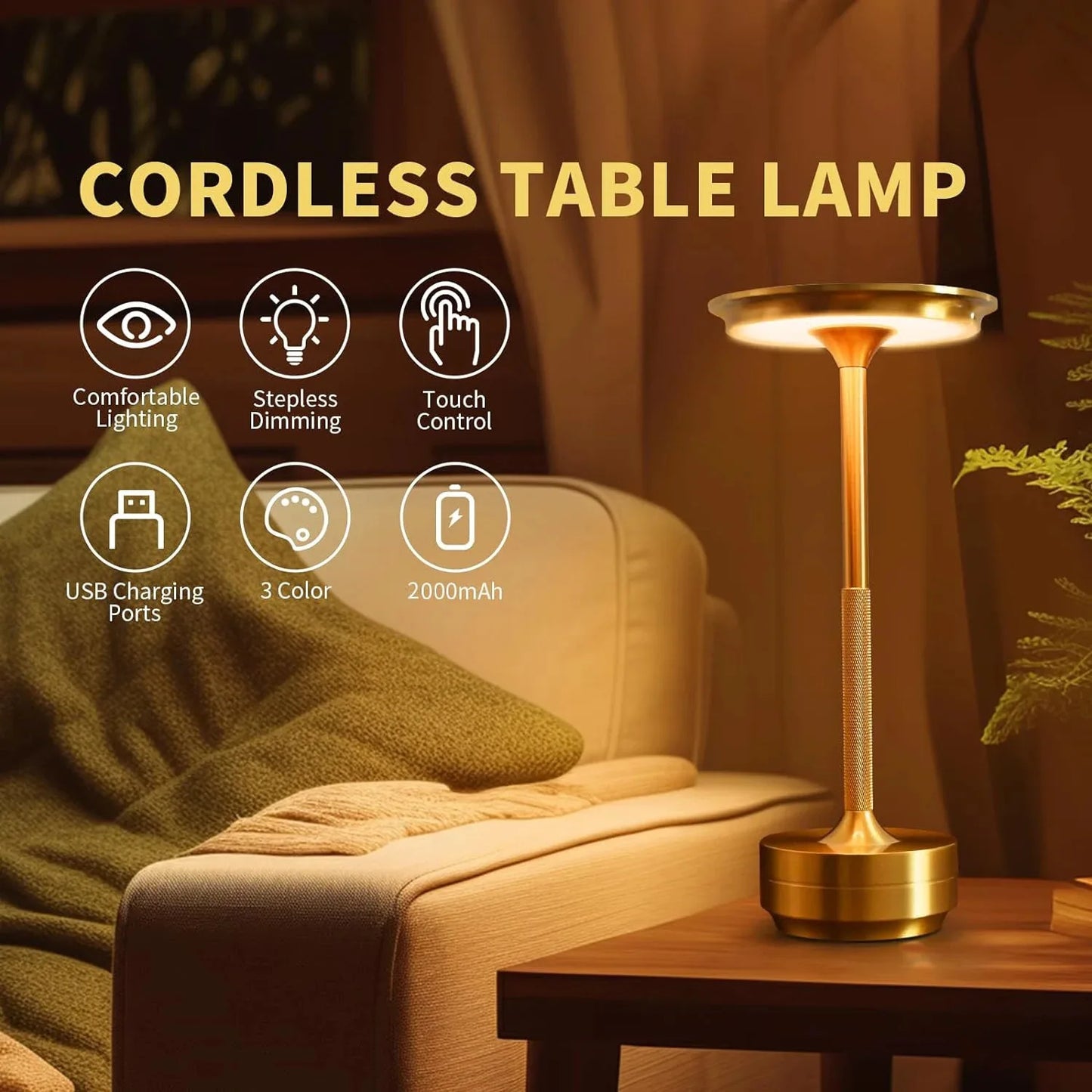LED Desktop Lamp, Touch Dimming, Metal, USB Recharge