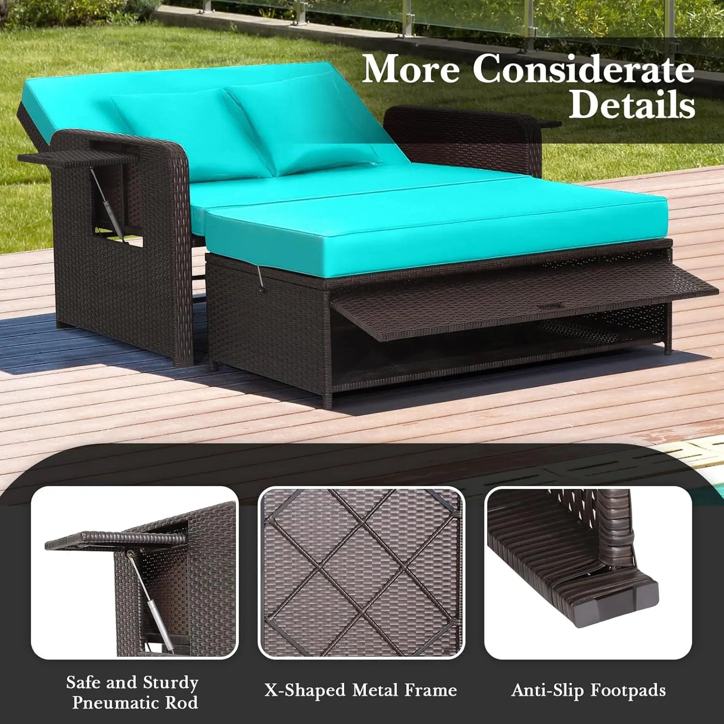 Wicker Loveseat Sofa Set with 4-Postion Adjustable Backrest, Storage Ottoman