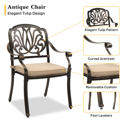 2 Cast Aluminum Patio Chairs with Cushions, Stackable