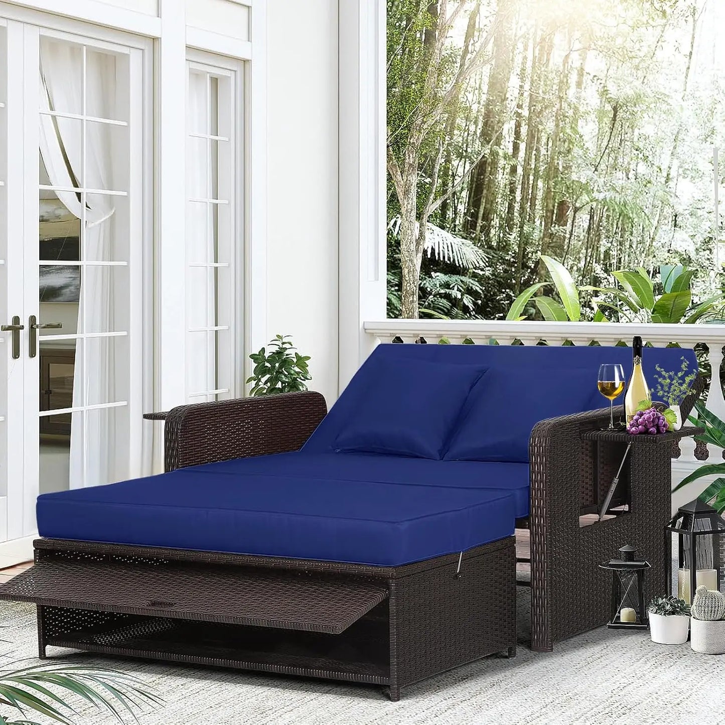 Wicker Loveseat Sofa Set with 4-Postion Adjustable Backrest, Storage Ottoman