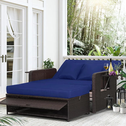 Wicker Loveseat Sofa Set with 4-Postion Adjustable Backrest, Storage Ottoman