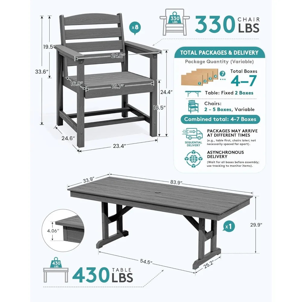 9 Piece Outdoor Dining Set 84" HDPE Table & Chairs All Weather