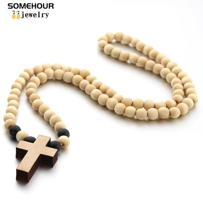 Vintage Cross Pendant and/or Bracelet 45cm Round Wood Beads